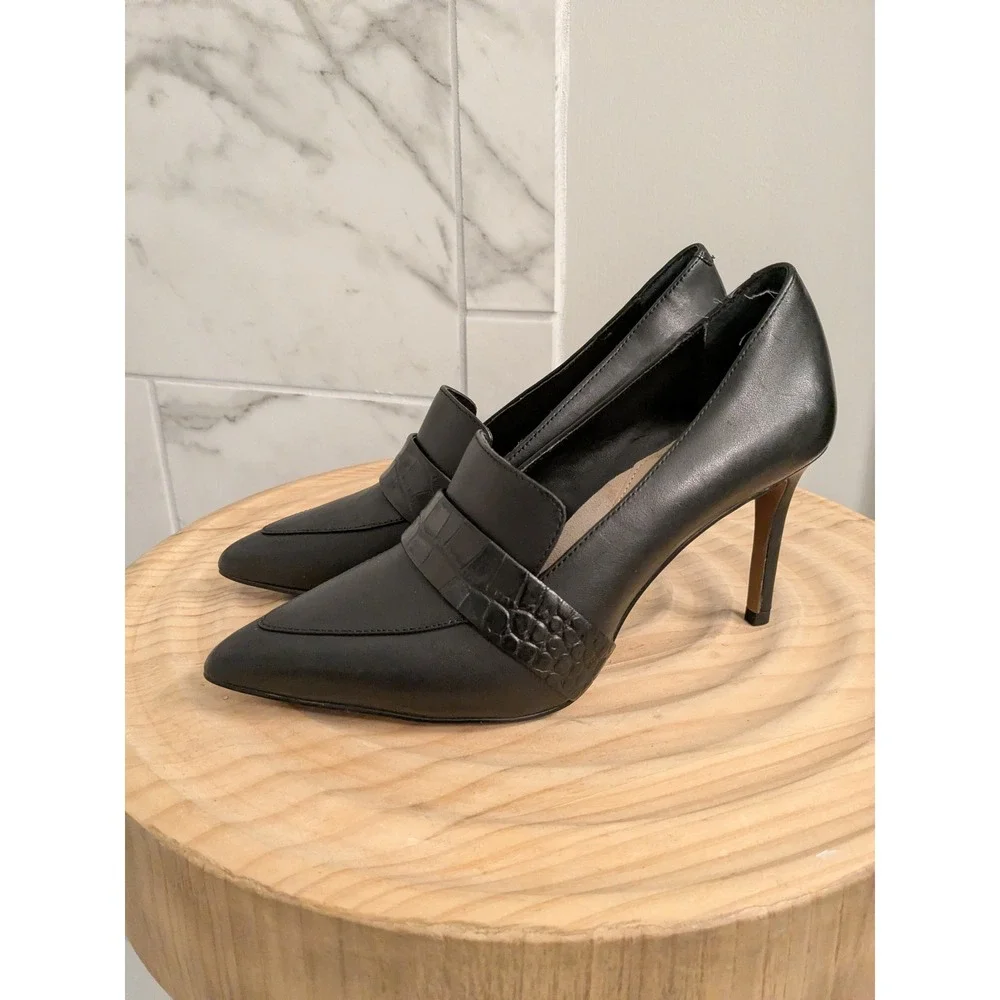 Banana Republic Black Leather Croc Embossed Pointed Toe Stiletto Heels Women 6.5